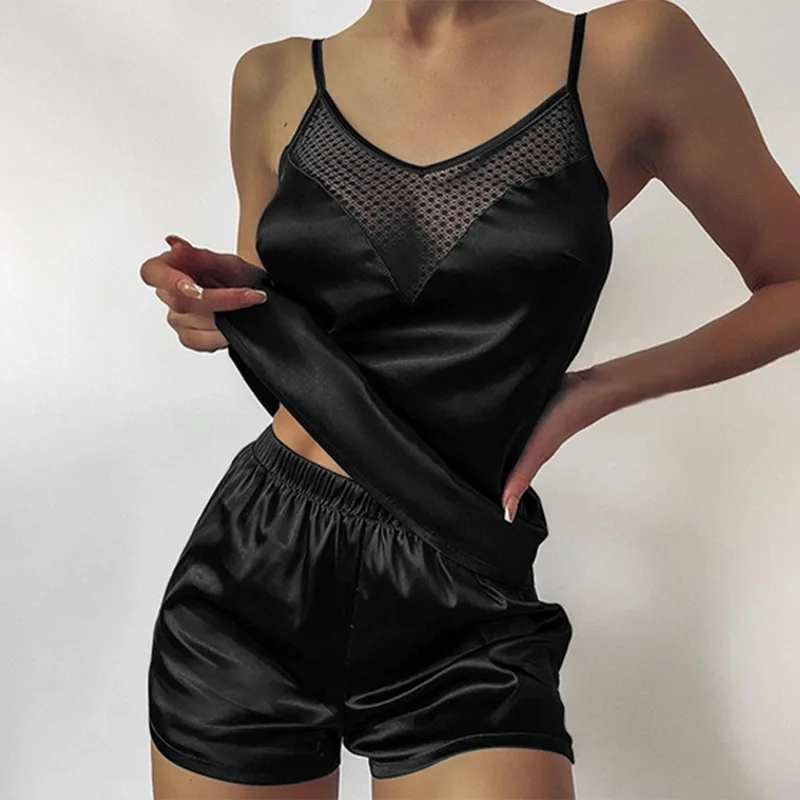 

Satin Pyjamas Sexy Lace Pijama Nightie Sleepwear Home Clothes Tops and shorts Women's Pajamas Silk Solid Color Pajama Set