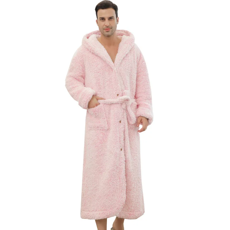 

Autumn Winter Thicken Flannel Kimono Gown Couple Hooded Robe Warm Nightdress Nightgown Loose Oversize Bathrobe With Button