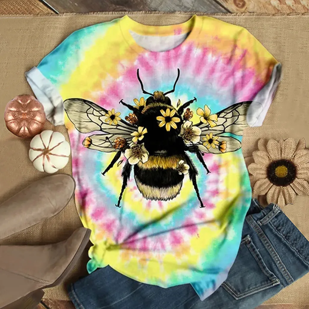 Футболка с принтом CHAMSGEND Tie-dye Bee женские летние топы короткими рукавами футболки