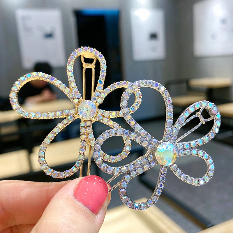 

Korean Gold Silver Flower Hair Clip Sweet Multicolor Crystal Alloy Hairgrip For Women Girl New Hairpin Hair Barrette Accessories