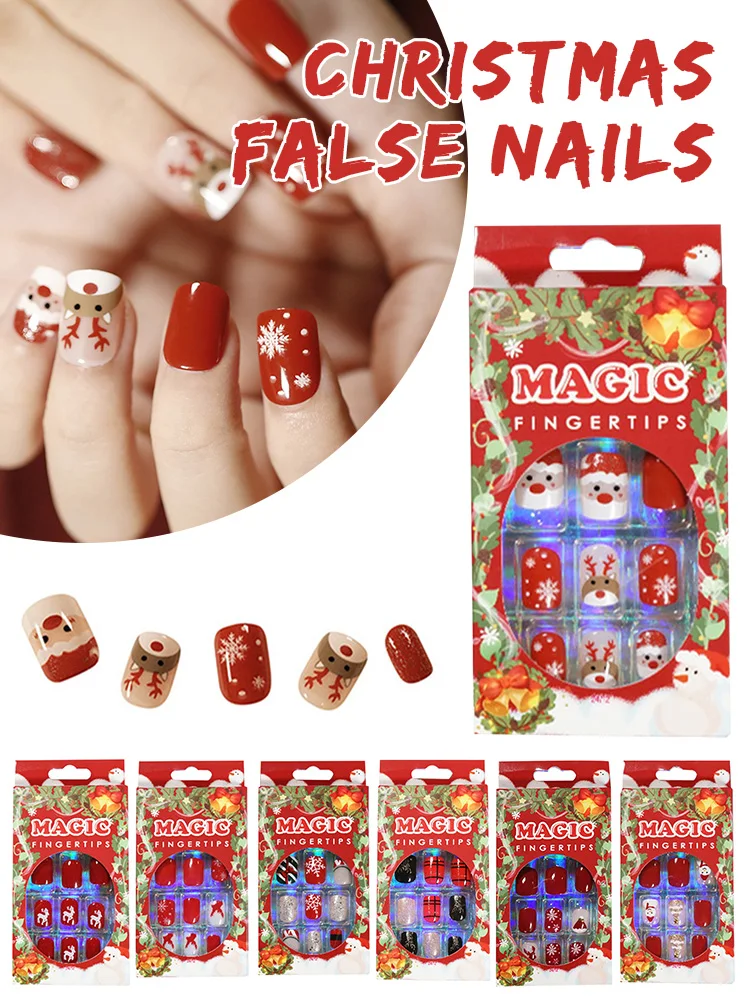 

Christmas False Nails Full Cover Short Nails Snowflakes Tree Nails Art Fashion Nail Tips Designer Nail Decals Nail Strips