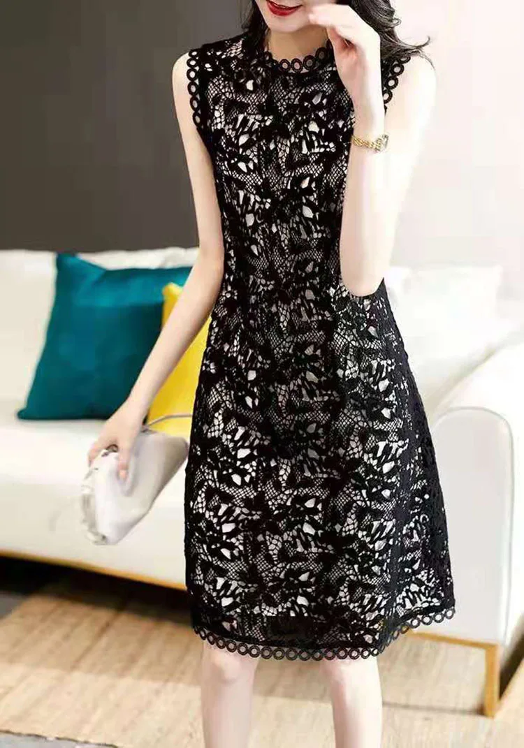 

Summer Black O-Neck Sleeveless Lace Woman Dress French Style Loose Waist S-XL