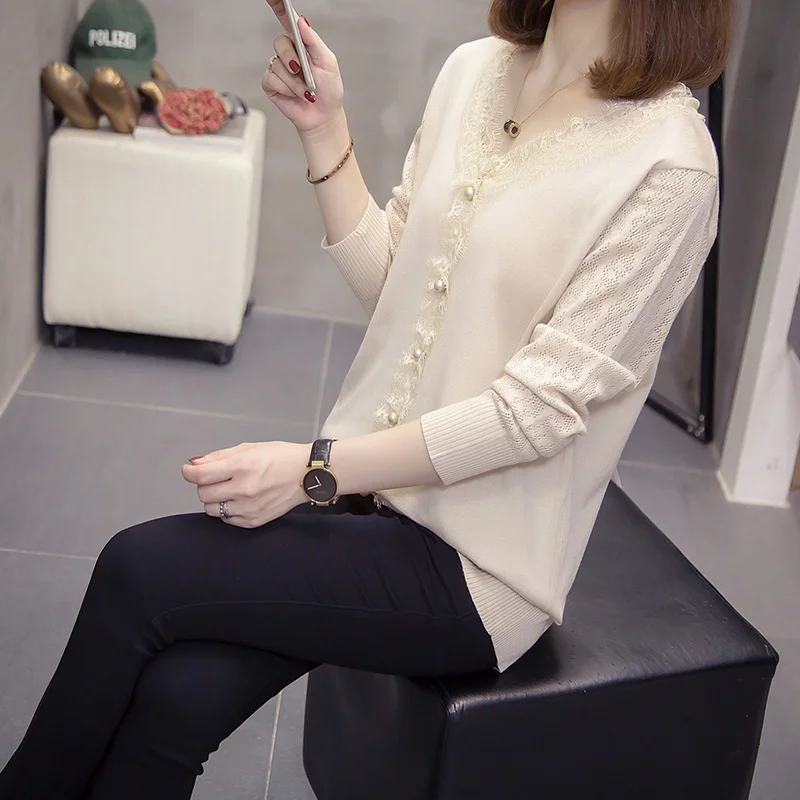 Nkandby V Neck Knitted Pullovers Sweaters Women Autumn Trendy Loose Lace Trim Korean Female Jumpers Bead Knit Tops | Женская одежда