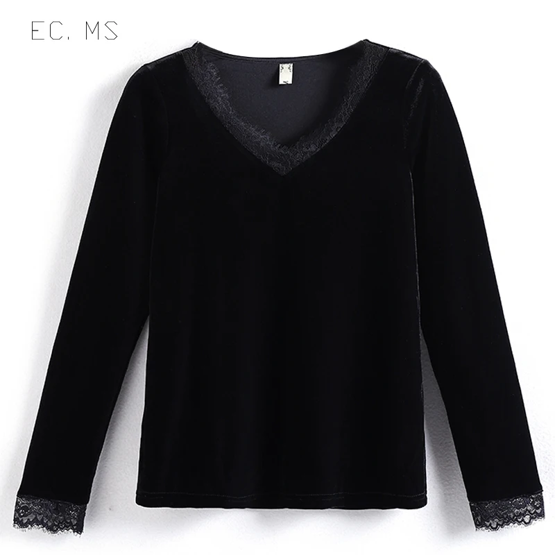 EC.MS бархатная рубашка Женская кружевная с v образным вырезом тройники теплые