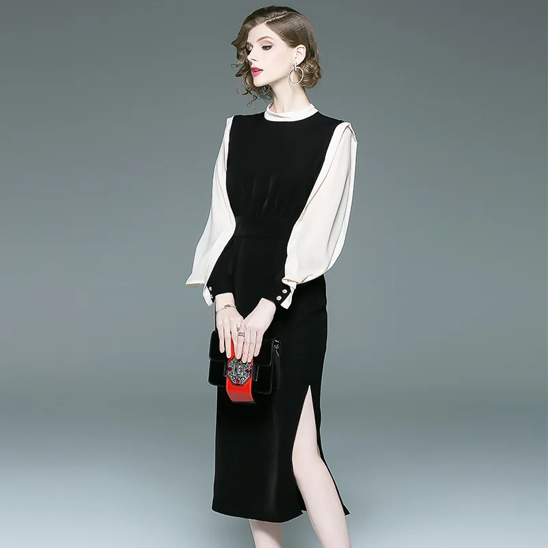 

women white black splicing chiffon dresses 2020 summer long sleeve casual sexy office work beach plus size dress loose