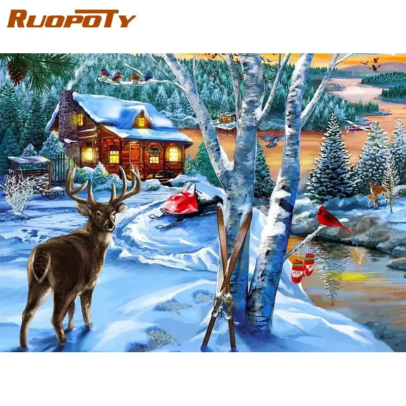

RUOPOTY Frame Diy Painting By Numbers Acrylic Wall Art Picture Snow Coloring By Numbers For Diy Gift Artwork 60x75cm