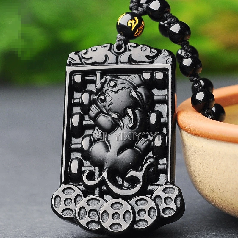 

Beautiful Natural Black Obsidian Carved Chinese Blessing Amulet Abacus Coin PiXiu Lucky Pendant + Beads Necklace Fine Jewelry