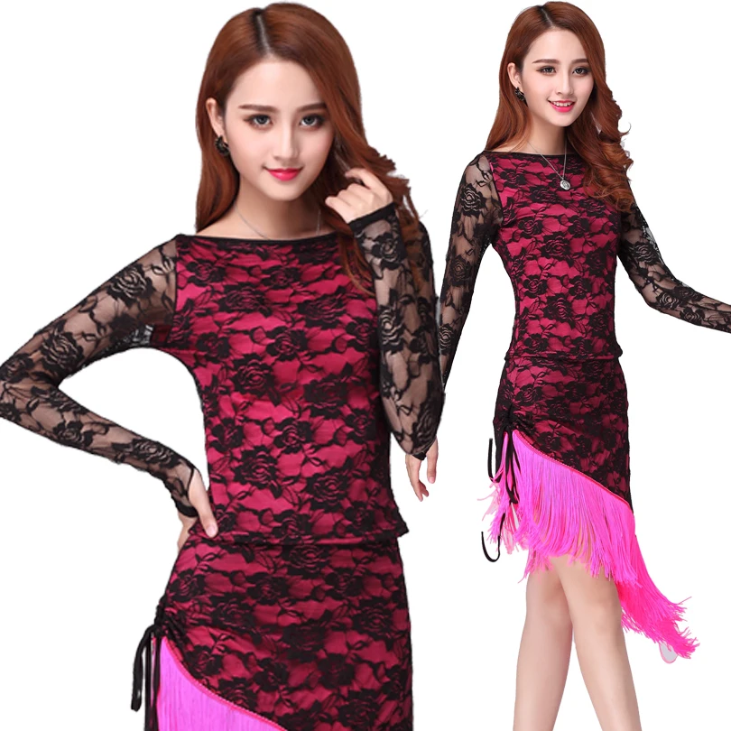 

Retail Latin Dance Dress Tassel Elegant Sexy Women Tango Ballroom Salsa Stage Dance Costumes Lace Patchwork Dancewear