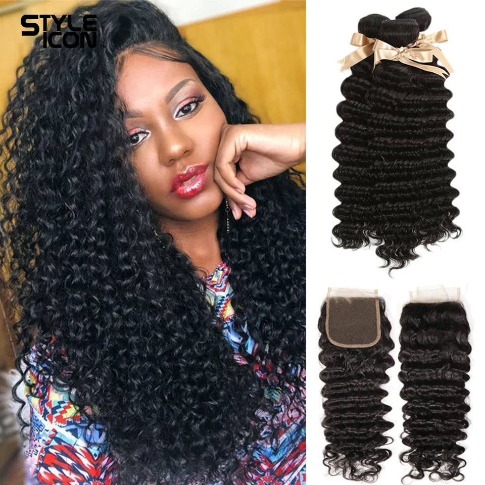 Deep Wave Bundles With Closure Brazilian Deep Curly Human Hair Bundles With Closure Remy Weave Deep Wave Closure and Bundles