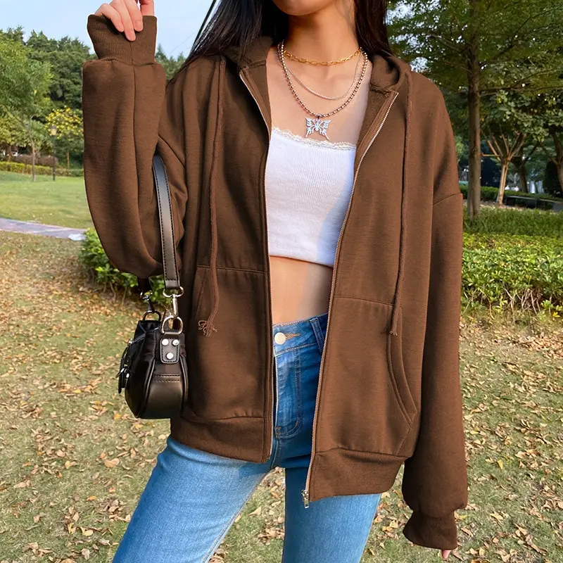 

BiggOrange Brown Zip Up Sweatshirt Winter Jacket Clothes oversize Hoodies Women plus size Vintage Pockets Long Sleeve Pullovers