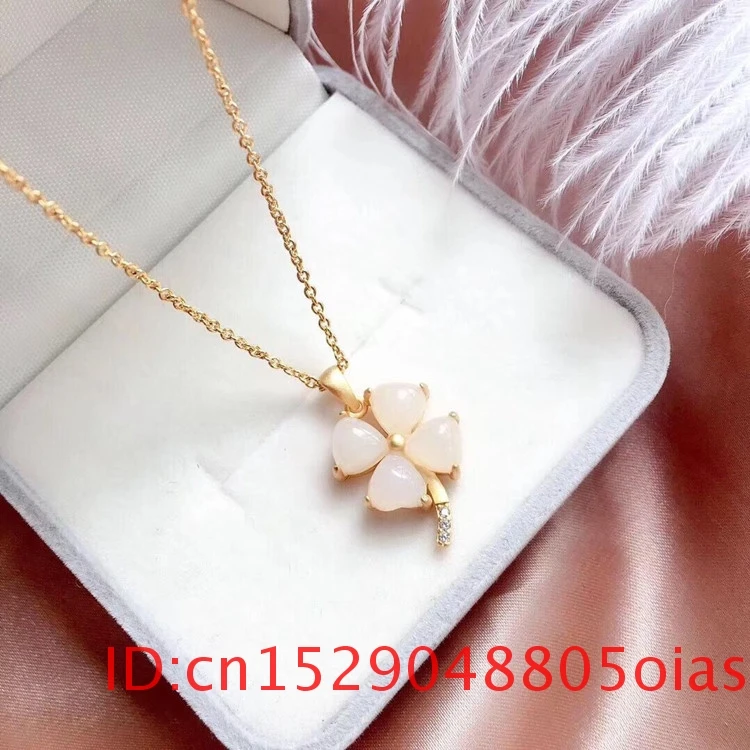 Натуральный белый нефритовый клевер кулон ожерелье халцедон модные подарки для