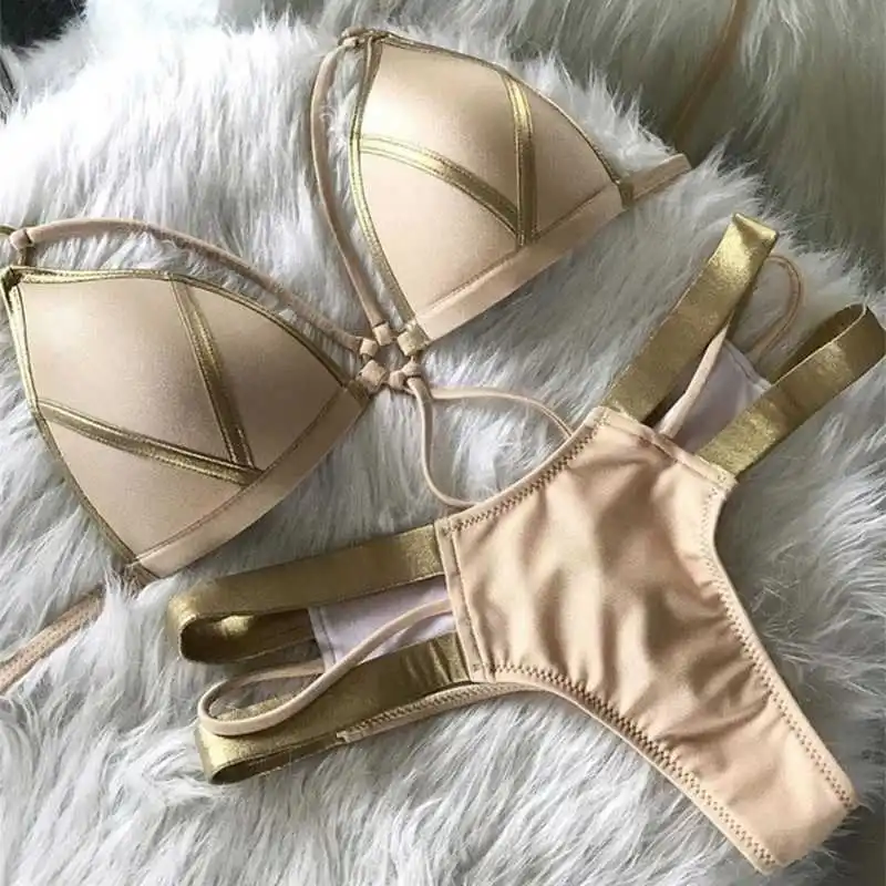 

Sexy Extreme Bandage Bikini Set 2021 Mujer New Gold Black Shiny Brazilian Push Up Swimsuit Women Padded Bandeau Swimwear Biquini
