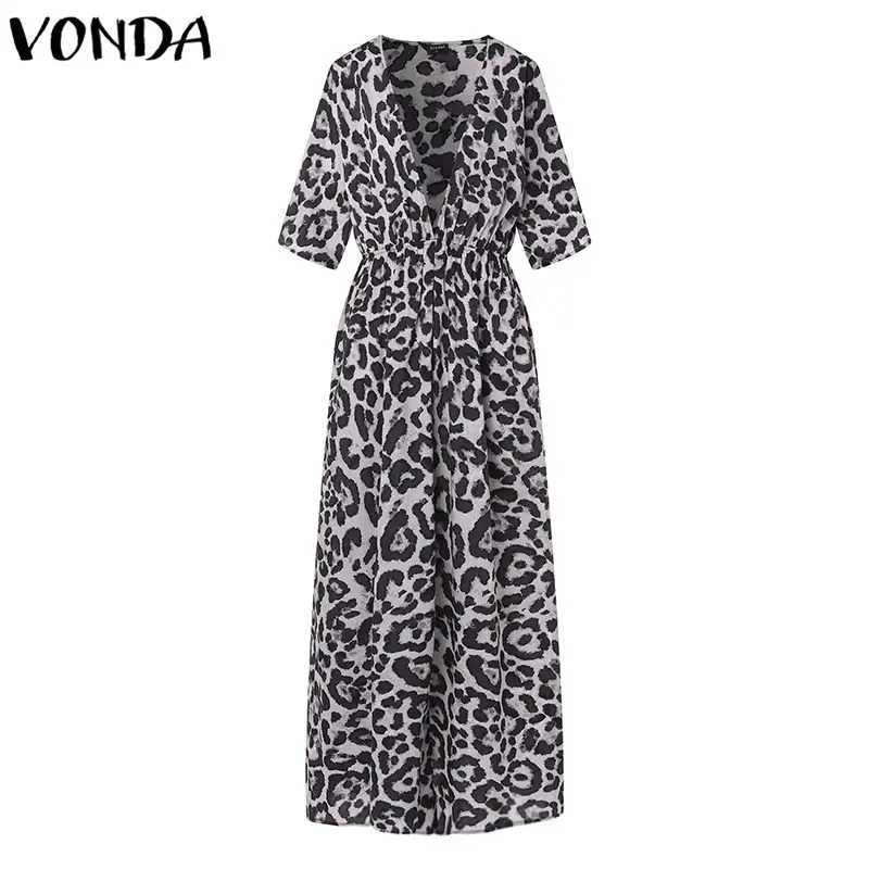 VONDA, женское длинное платье с принтом,, сексуальное, v-образный вырез, половина рукава, высокая талия, с разрезом, леопардовое, вечерние, праздничные, повседневные, Vestidos, мешковатые