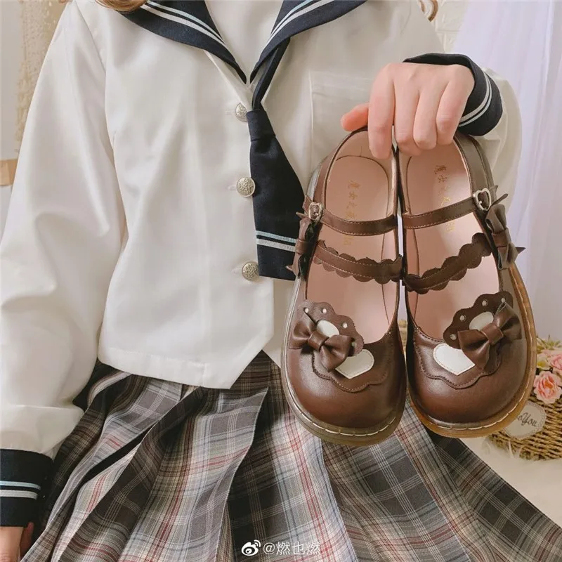 

Sweet Lolita Shoes Kawaii 2021 New Spring/autumn Lolita Shoe Bow Flats Bottom Uniform Jk Shoe Cute Cosplay Anime Loli Shoes