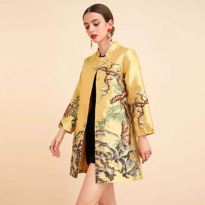 Женское винтажное длинное пальто AELESEEN Офисная ветровка с вышивкой цветов сливы и