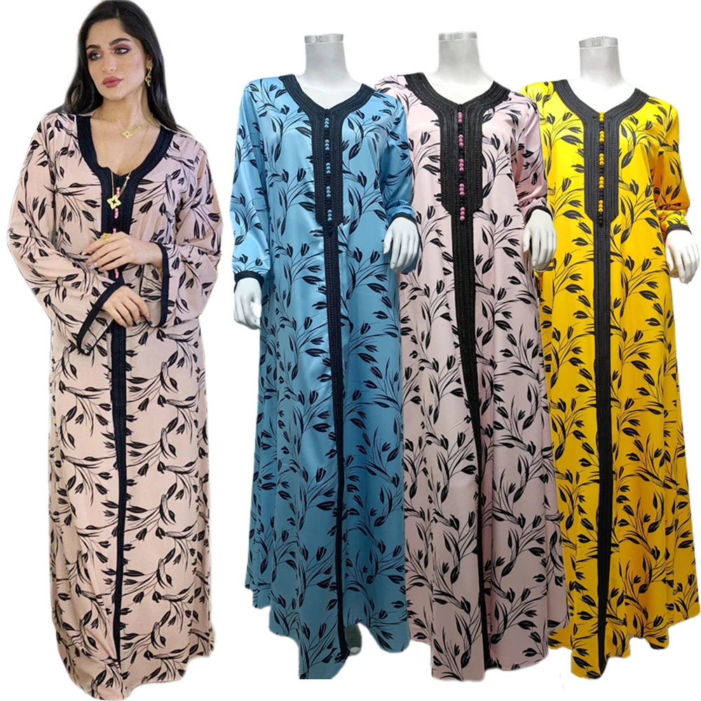 

Ramadan Muslim Abaya Printed Long Dress Arab Maxi Robe Middle East Dubai Kaftan For Women Abayas Eid Mubarak Islamic V-neck Gown