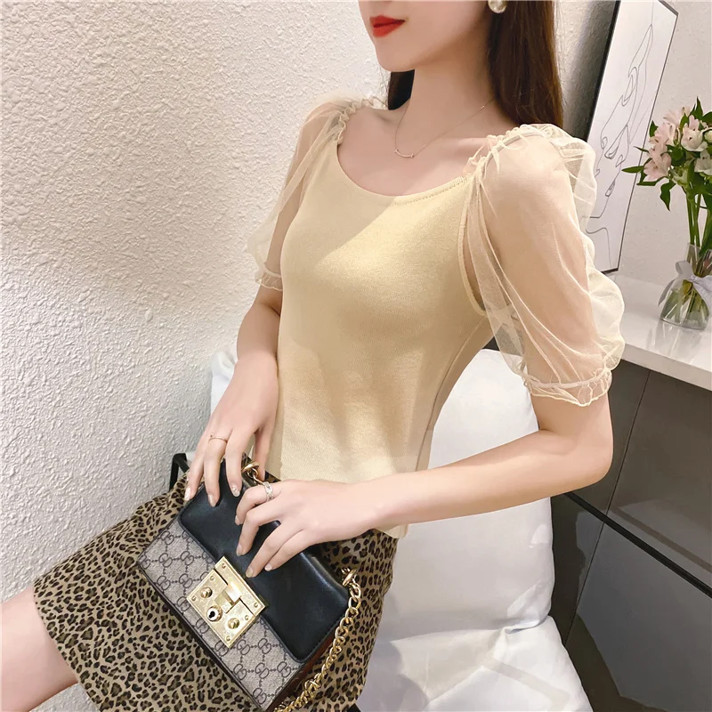 

Elegant Puff Sleeve Slim Blouse Women Korean Lace Ptchwork Knitted Tunice Ladies Shirts 2021 New Summer Blouse And Tops