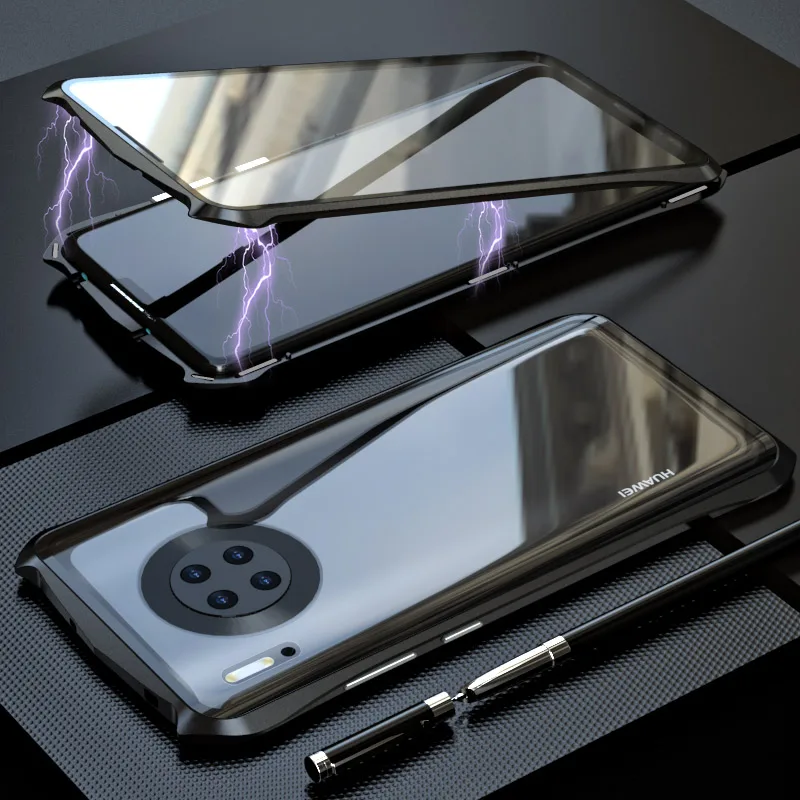 

Магнитный чехол для Mate 30 Pro, двухсторонний чехол из закаленного стекла с поворотом на 360 градусов для Huawei Mate 30, металлический бампер