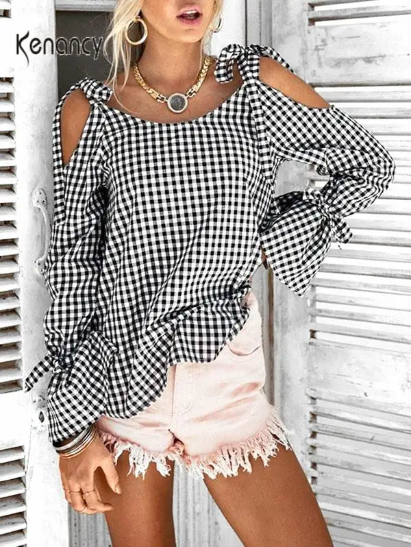 Модная женская клетчатая блузка Kenancy весенние топы с открытыми плечами и длинным