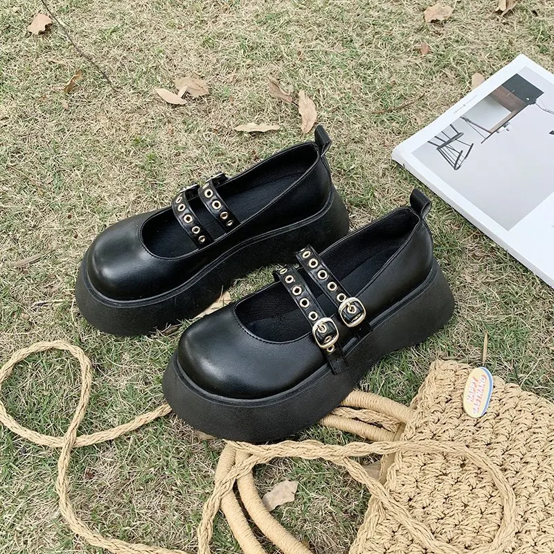 

Round Toe Black Leather Shoes Women's Shoes Spring 2021 New Open Back Single Shoes Wear-resistant Non-slip Platform Shoes