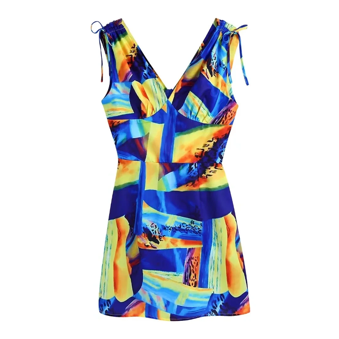 

PTYSIC Colorful Blue Women Vest Straight Dress V-neck 2022 Spring Summer High Street Sleeveless Elegant Female Party Vocation