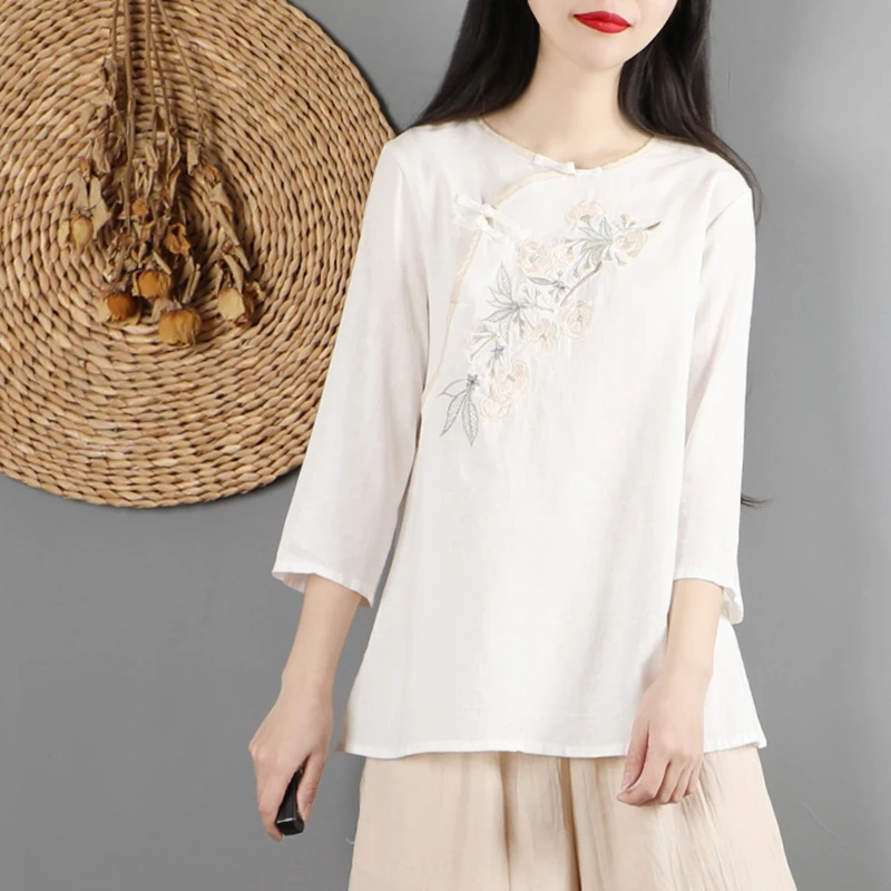 Рубашка с цветочной вышивкой в китайском стиле высокое качество Mujer топы рукавом