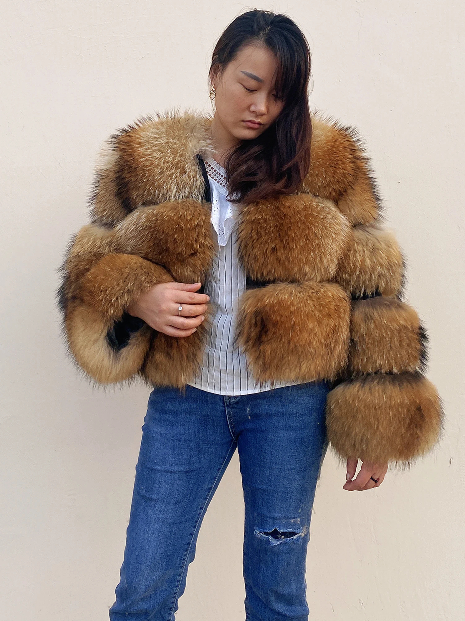 Woman winter natural raccoon fur jacket real fur coat furry fur jacket thick warm party Fashion Popular in Europe   America2021