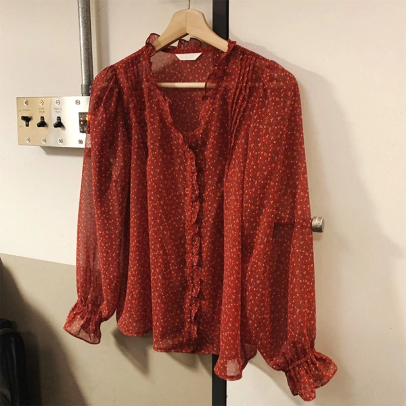 

Women Autumn Chiffon Blouse Vintage Boho Floral Puff Long Sleeve Loose Shirts 2020 Sexy Ruffled V-Neck Button Down Casual Tops