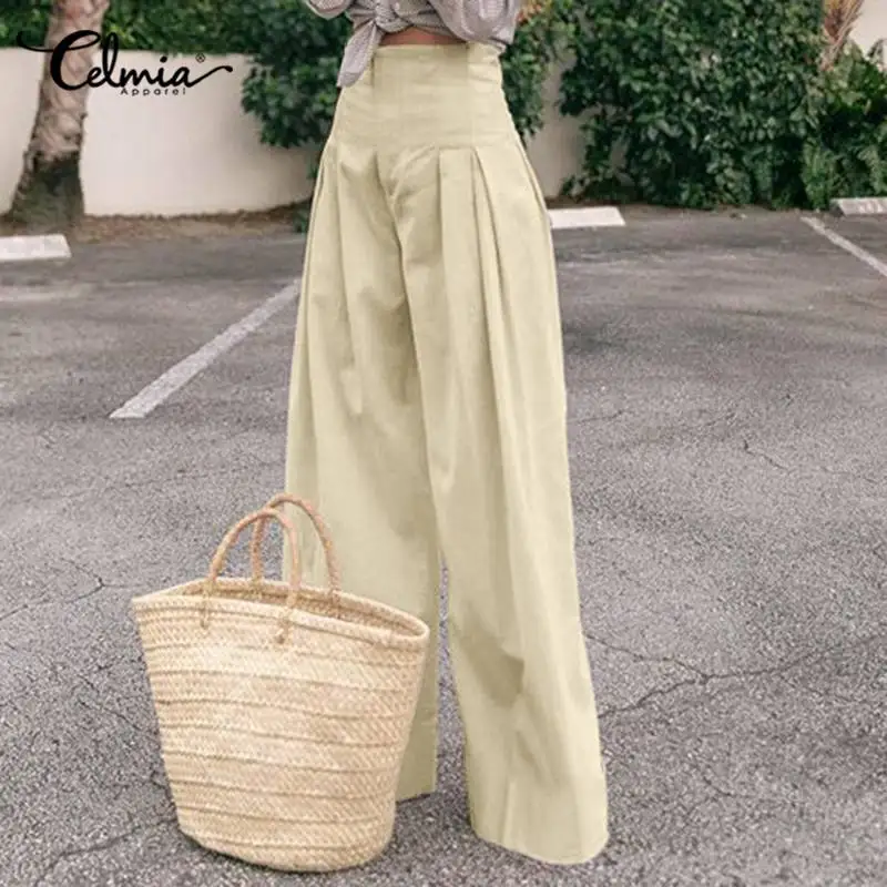 

Celmia Vintage Wide Leg Pants Women's Fashion High Waist Zipper Trousers Casual Loose Pleated Solid Pantalon Femme Plus Size 5XL