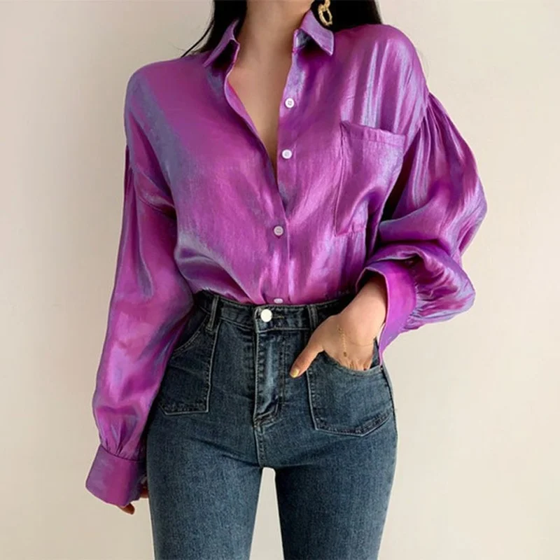 

Plus Size Women Long Sleeve Shirts Female Elegant Blouse Lapel Button Camisas De Mujer Blusas De Moda 2021 Women Pockets Tops