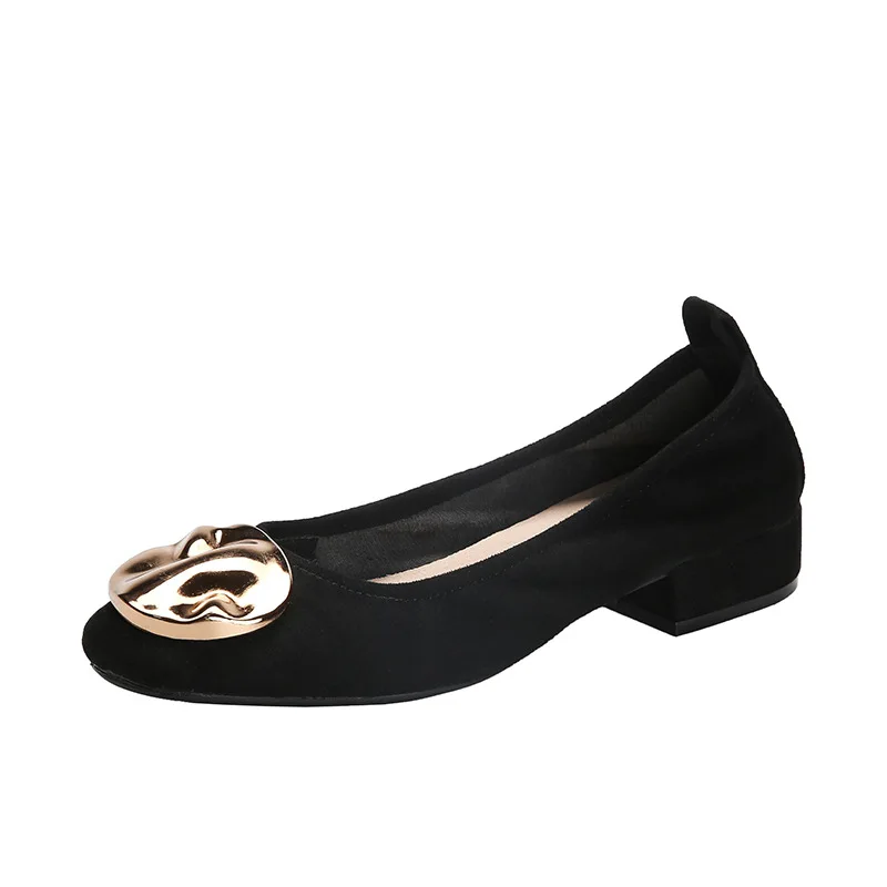 

Brand New Women's Pumps Metal Decoration Ladies Black Heels Faux Suede Pointed Toe Female Wedding Party Office Shoes