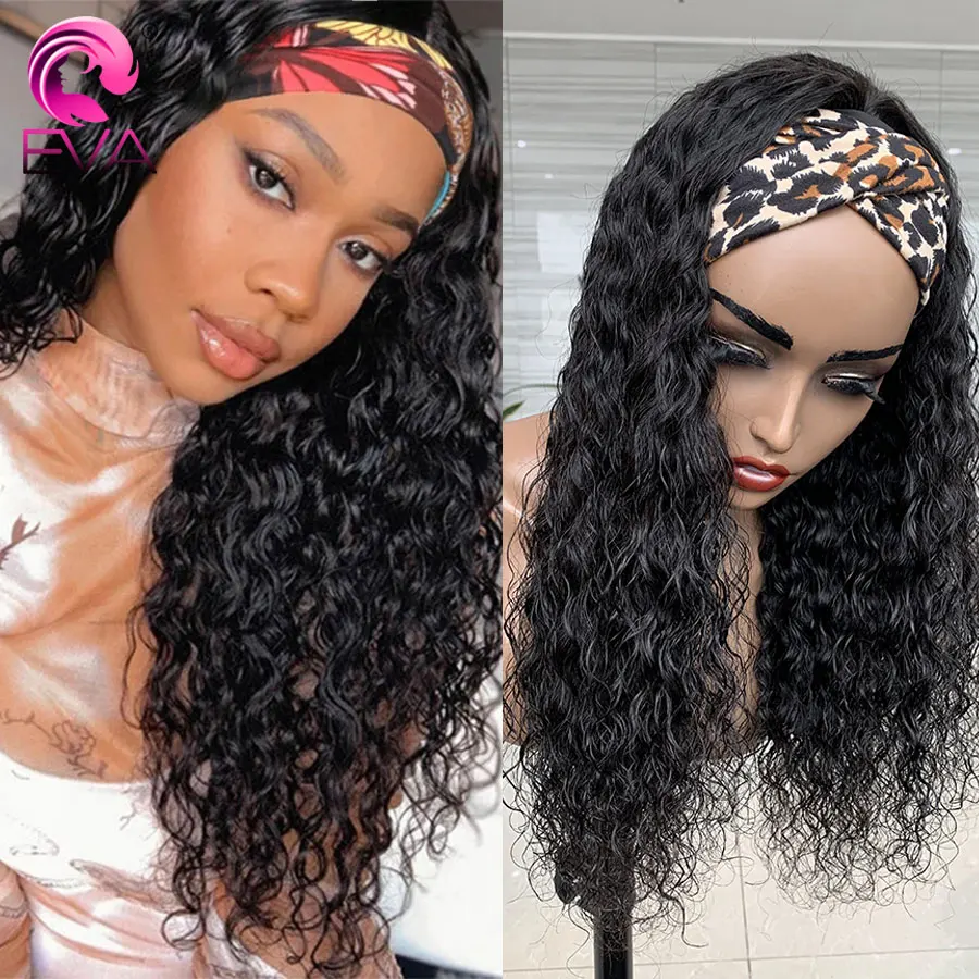 Eva Hair Headband Wigs For Black Women Gluless Human Hair Wigs Brazlian Water Wave Full Machine Wig Remy Hair Headband Scarf Wig