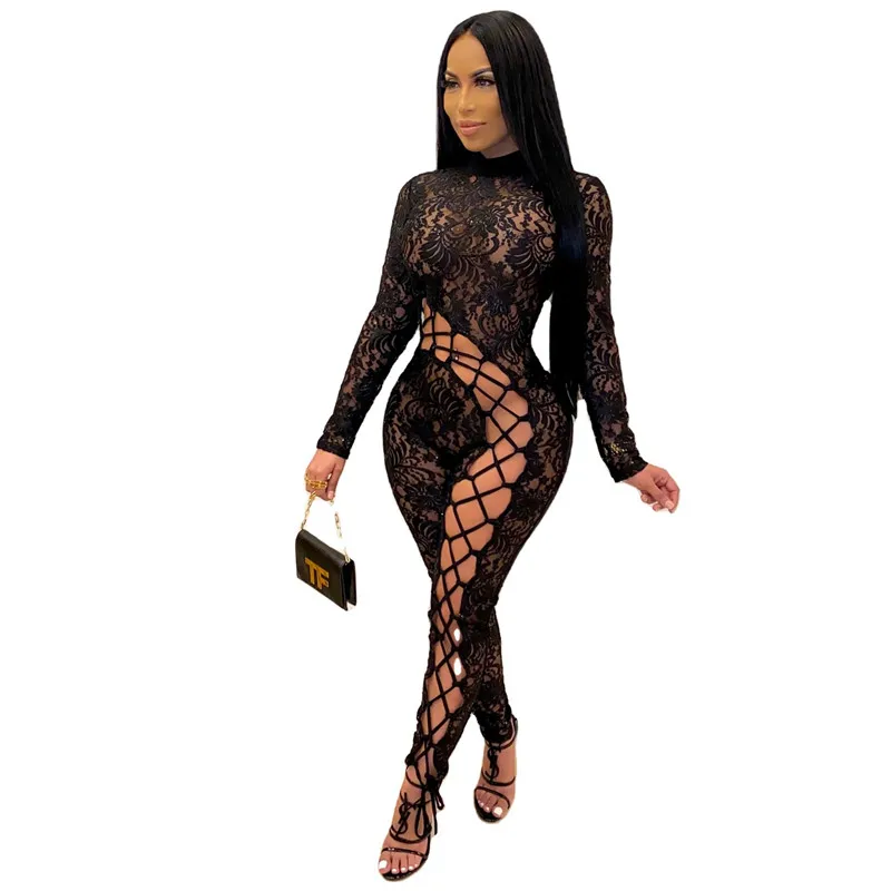 

Autumn New Fashion Women's Wear Solid-Color Lace Patchwork Hollow-Out Sexy Jumpsuit Club Qutfits
