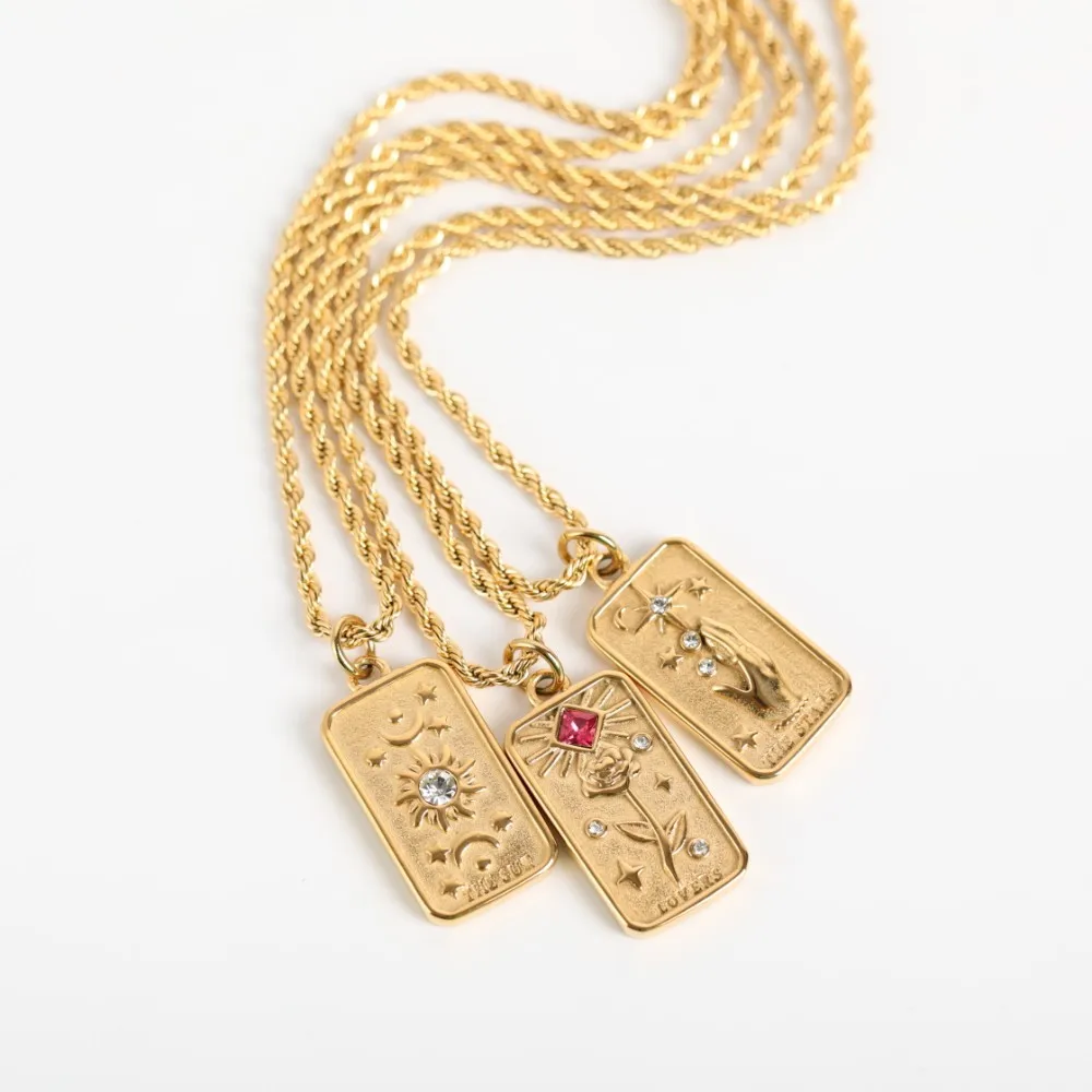 

Creative Cubic Zirconia 316L Stainless Steel Lovers Stars Sun Signet Pendant Necklace for Women Gold Plated Rope Chain Jewelry