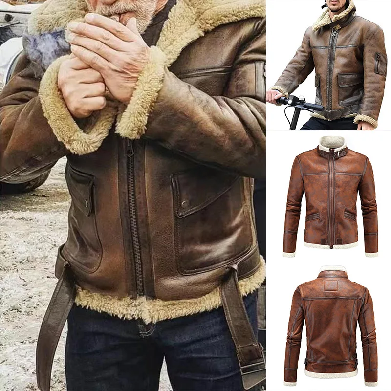 

Mens PU Leather Outwear Turndown Collar Motorcycle Coat Biker Style for Fall Winter Warm Coat TC21