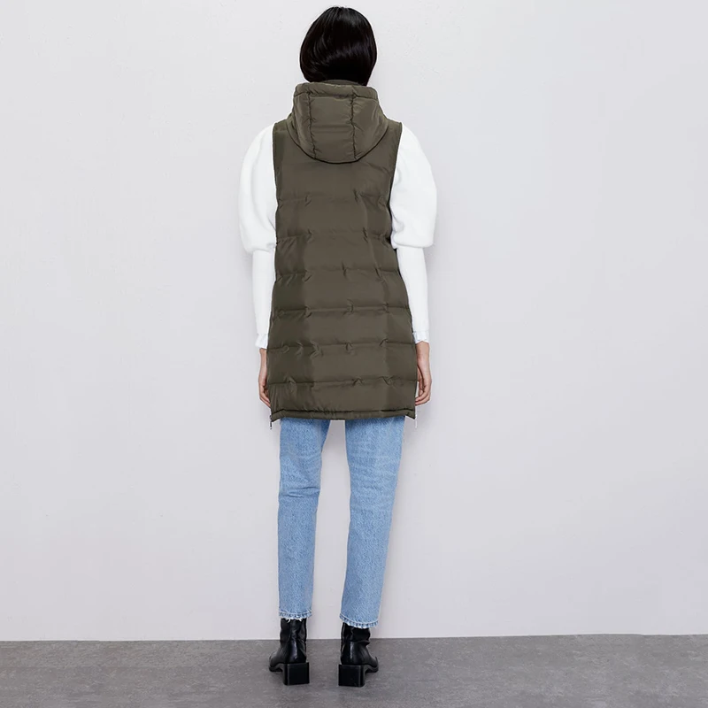 Autumn and Winter ZA New Fashion Cotton Vest Women Collar Hooded Zipper Pocket Sleeveless Casual Loose Warm Cotton Vest Coat