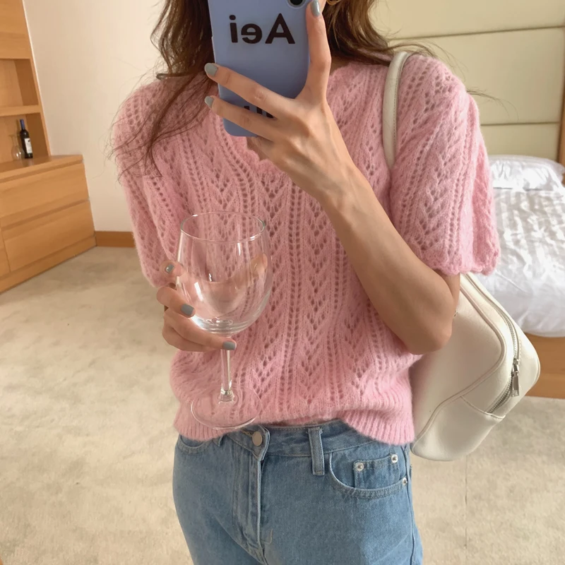 

Stowaulb 2021 Femme Summer Solid Knit Short Sleeves V-Neck All Match Pullovers Chic Korean New Casual Tops Loose T-shirts