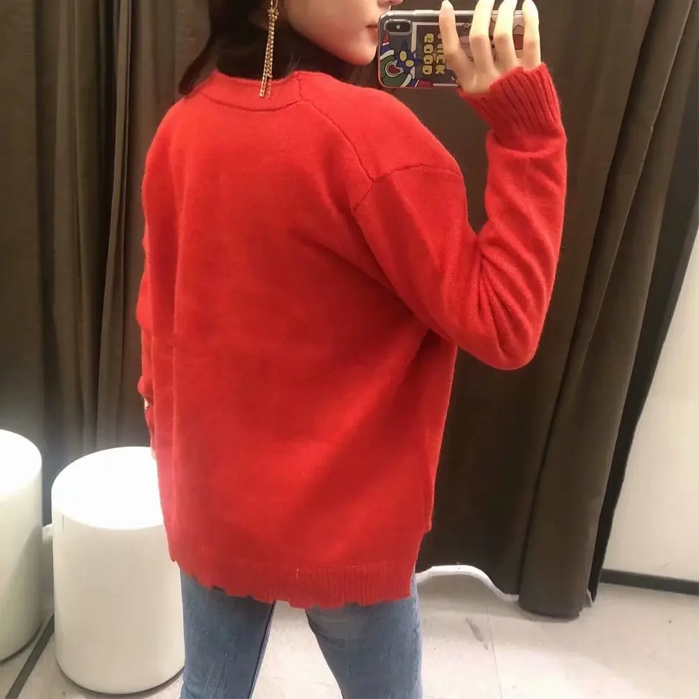 

2020 New Autumn Women's Sweater Rabbits Print Button Long Sleeve V-Neck Sweater Female Fashion Casual Women Clothes