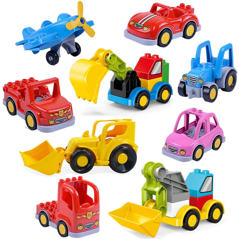 

Cartoon Big Size City Car Trailer Truck Tractor Airplane Excavator Model Building Blocks Assembly Bricks Educational Kids Toys