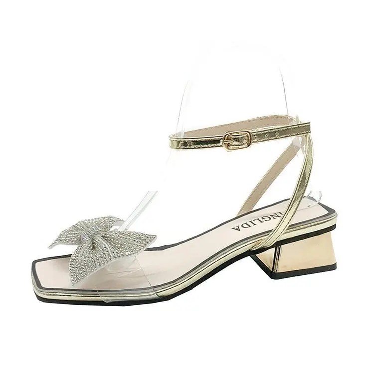 

Beige Heeled Sandals Fashion Womens Shoes 2021 Square Toe Buckle Black Luxury New Girls Clear Block Bow Comfort Low Rhinestone S
