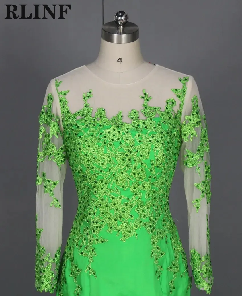 

New Spring Green Sheer Lace Long Sleeve Mermaid Flor Length Custom Evening Formal Gown