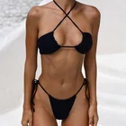 Однотонные бикини, сексуальные стринги, женский купальный костюм на шнуровке, купальник-бандо 2022, купальник с лямкой на шее, комплект бикини с пуш-ап, женская пляжная одежда