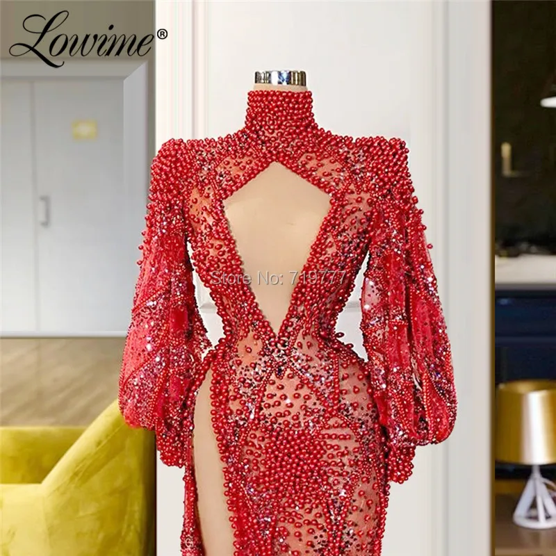 Burgundy Mermaid Evening Dress Beaded Crystals Robe De Soiree Aibye Saudi Arabia Dubai Full Sleeves Cut-out Design Party Dresses