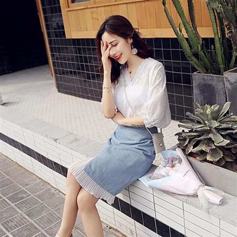 

2021 Summer New Women Suit Set Casual Two-piece Suits Retro White Blouse Tops and Skirt 2 Piece Sets Womens Outfits Y628