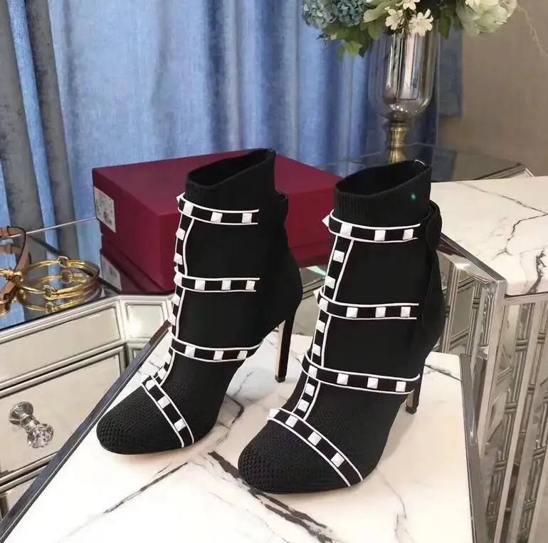 Botas de calcetin mujer punto comodidad botas tobillo tacón alto cuadradas moda puntiagudos zapatos elarsticos|Женские
