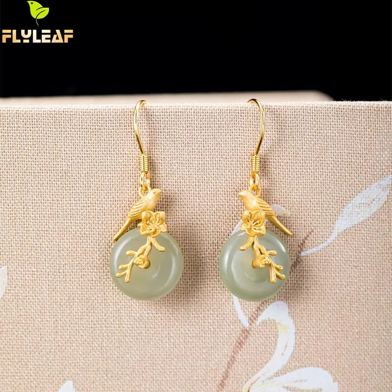 

925 Sterling Silver Magpie Peach Blossom Jade Earrings For Women Luxury Female Original Handmade Vintage Jewelry Flyleaf New