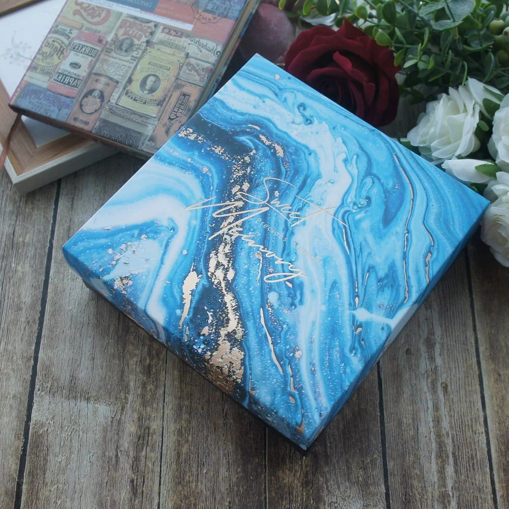 

18.5*18.5*6cm 3set Gold Blue Sweet Memories Gift Design Paper Box + Bag As Wedding Favor Gift Packaging Use
