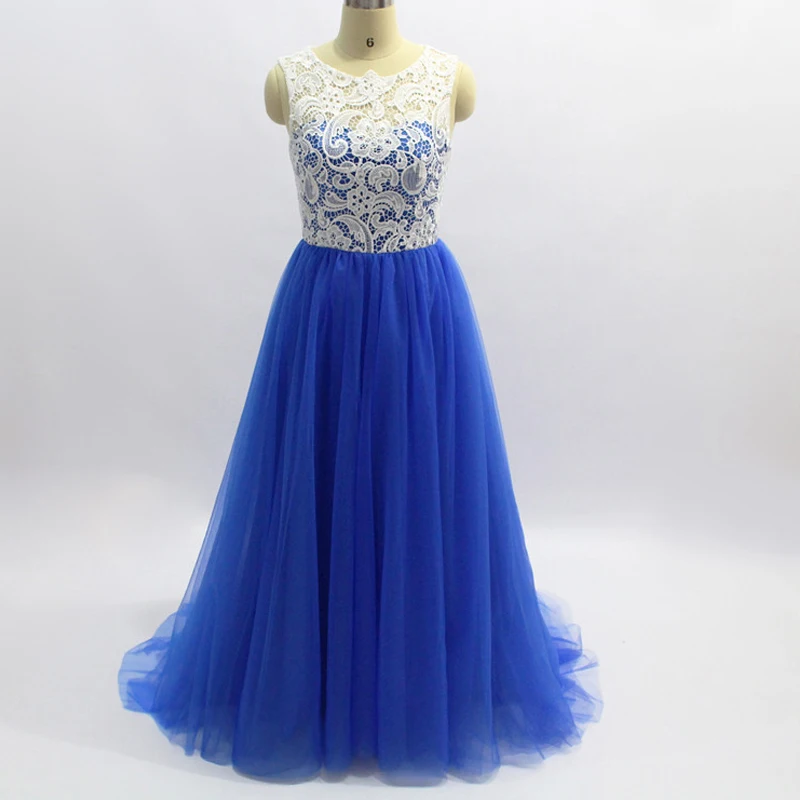

Sexy Square Neck Top White Lace Prom Dresses Long Royal Blue Tulle Prom Gowns A Line Girls Pageant Gowns Plus Size 2020