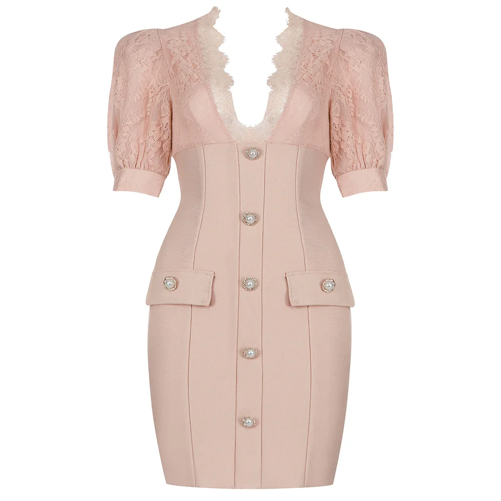 

Women's Summer Clothes 2021 New Autumn Elegant Button Bandage Dress Sexy Lace Club Party Evening Bodycon Dresses