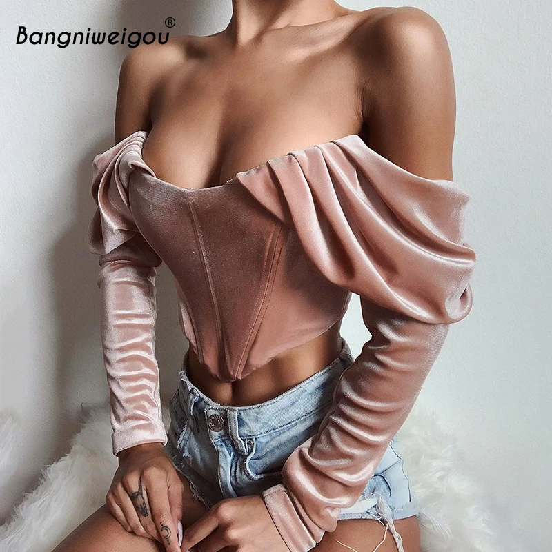 

Bangniweigou Pink velvet Off Shoulder Cropped Tshirt Women Long Sleeve Ruched Strapless Sexy Solid Slim Elegant Party T Shirt